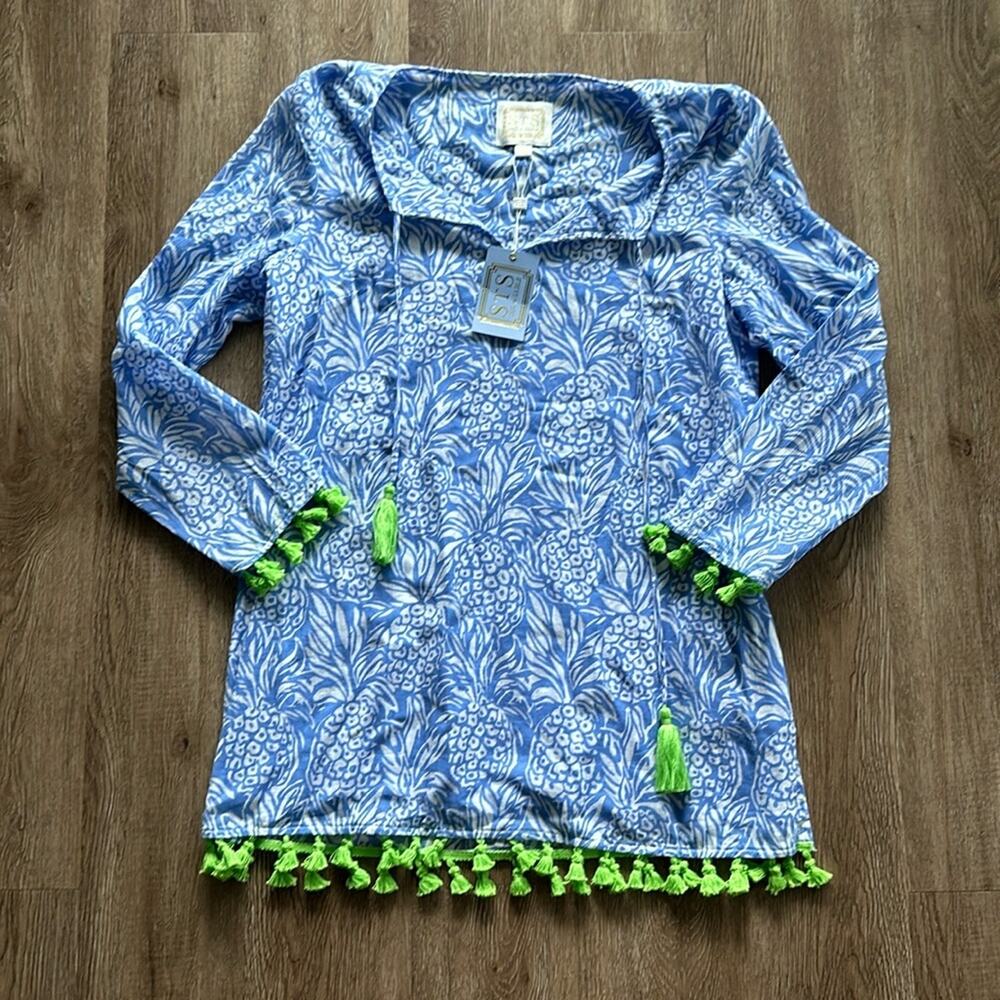 Sail to Sable Womens Blue Pineapple Print Tassel Trim Tunic Top Size M NEW